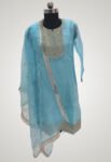 Pure-heavy-zari-embroidered-blue-organza-kurti-pant-and-dupatta-sets